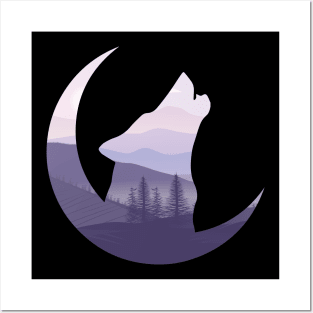 Wolf purple landscape silhouette howling to the moon Posters and Art